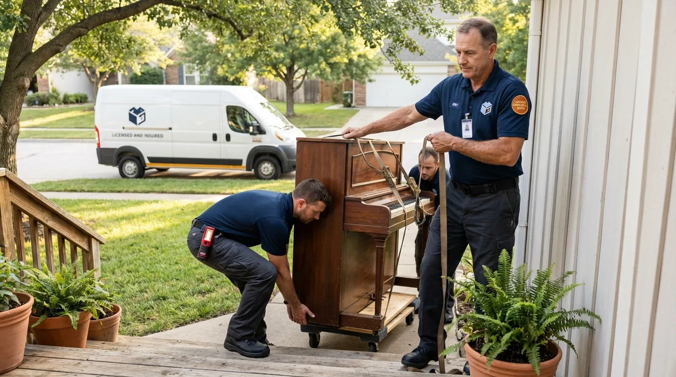 Licensed piano movers securing grand piano in Greeley, NE
