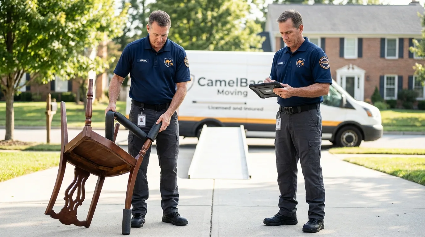Movers inspecting furniture for damage prevention before loading in Greeley, NE