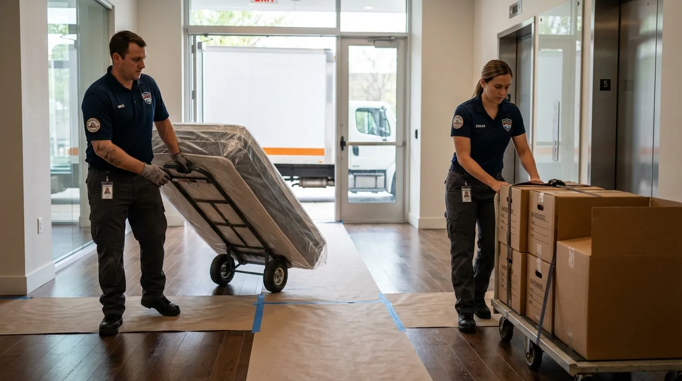 Professional apartment movers loading elevator in Greeley, NE